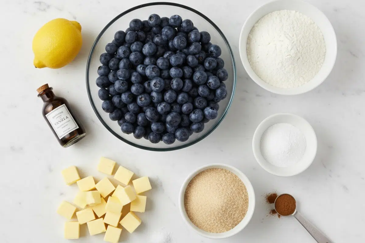 An overhead flat lay of the ingredients for a blueberry crisp without oats, including fresh blueberries, flour, sugar, lemon, and cubed butter.