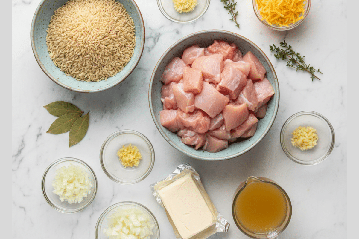 Simple Ingredients for Crockpot Chicken and Rice An overhead flat lay of the ingredients for a chicken and rice crockpot recipe, including raw chicken, brown rice, cream cheese, and broth.