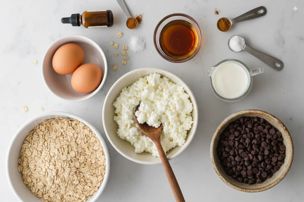 An overhead flat lay of the ingredients for high protein breakfast muffins, including rolled oats, cottage cheese, eggs, and maple syrup.