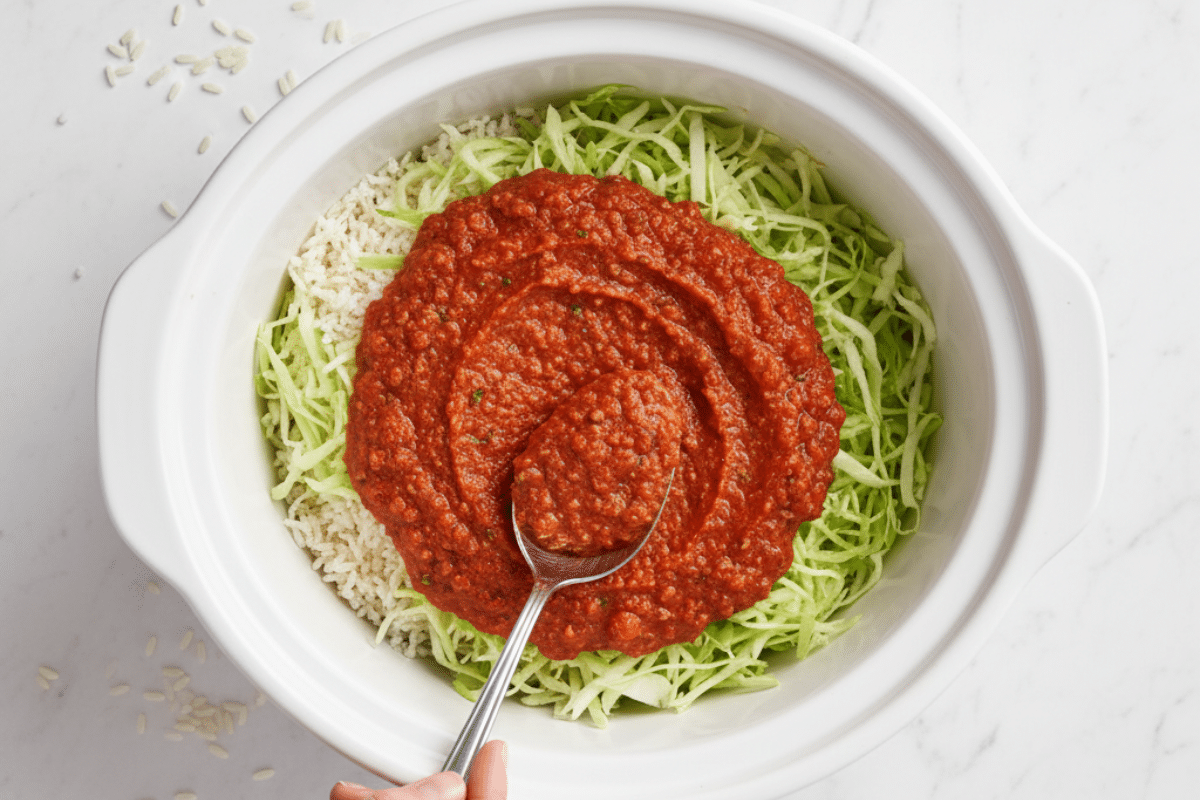 How to Make Easy Cabbage Roll Casserole A hand layering tomato sauce over rice and cabbage to make Crockpot Cabbage Roll Casserole in a white slow cooker.