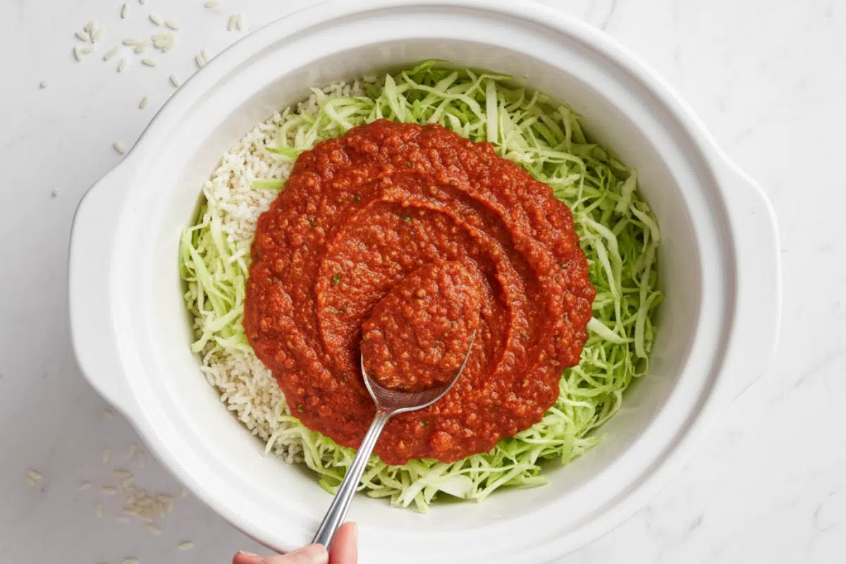 A hand layering tomato sauce over rice and cabbage to make Crockpot Cabbage Roll Casserole in a white slow cooker.