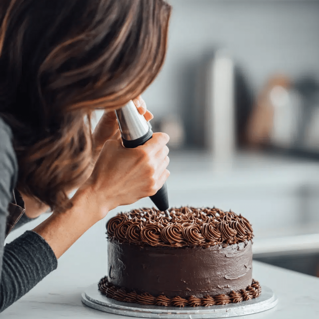 Lena from EasilyMeal Decorating a Cake Lena's hands expertly decorating a rich chocolate cake with a piping bag, showcasing her passion for baking.