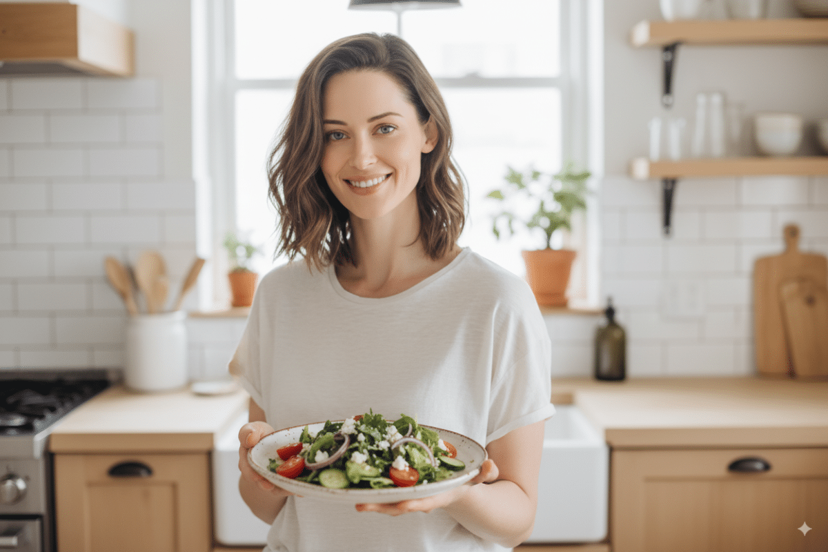 Lena from EasilyMeal Lena, the founder of EasilyMeal, smiling in her bright kitchen while holding a plate with a fresh and healthy salad.
