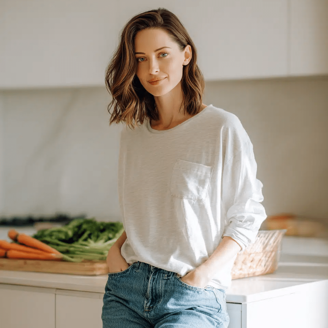 Lena's Cooking Philosophy A relaxed photo of Lena from EasilyMeal, leaning against a clean kitchen counter with fresh carrots in the background.