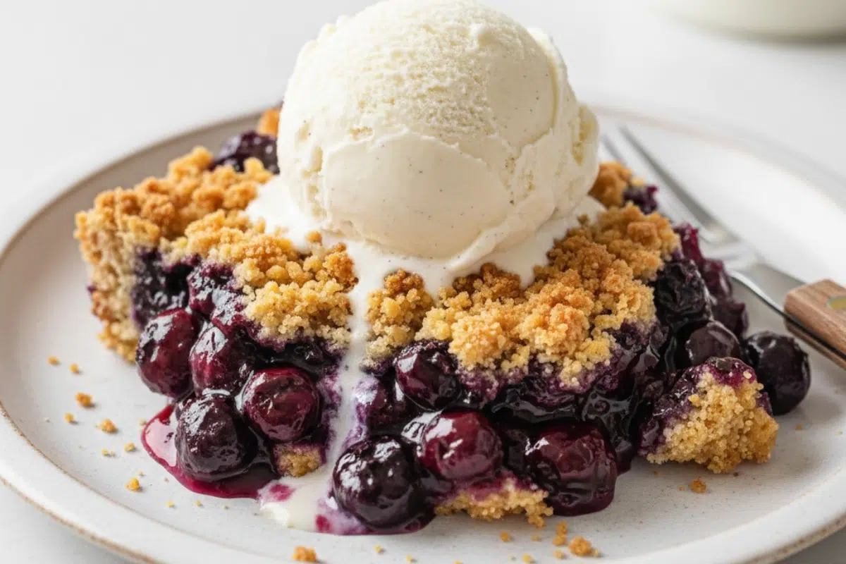 A Perfect Serving of Blueberry Crisp A single serving of a blueberry crisp without oats on a white plate, topped with a slowly melting scoop of dairy-free vanilla ice cream.