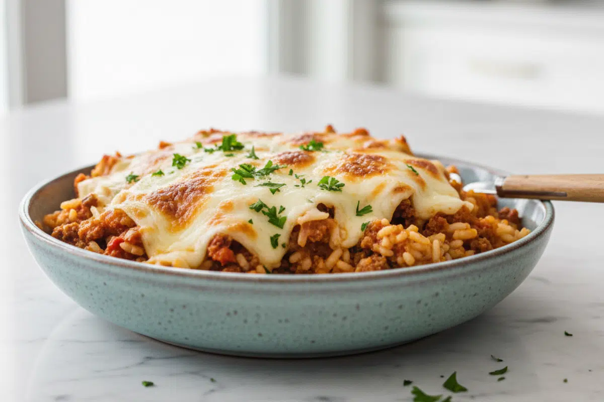A finished bowl of Crockpot Cabbage Roll Casserole topped with perfectly melted golden-brown cheese, ready to be served.