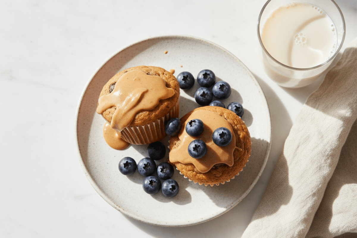 A Healthy High-Protein Breakfast Two high protein breakfast muffins on a rustic white plate, topped with a drizzle of almond butter and fresh blueberries, served with a glass of milk.
