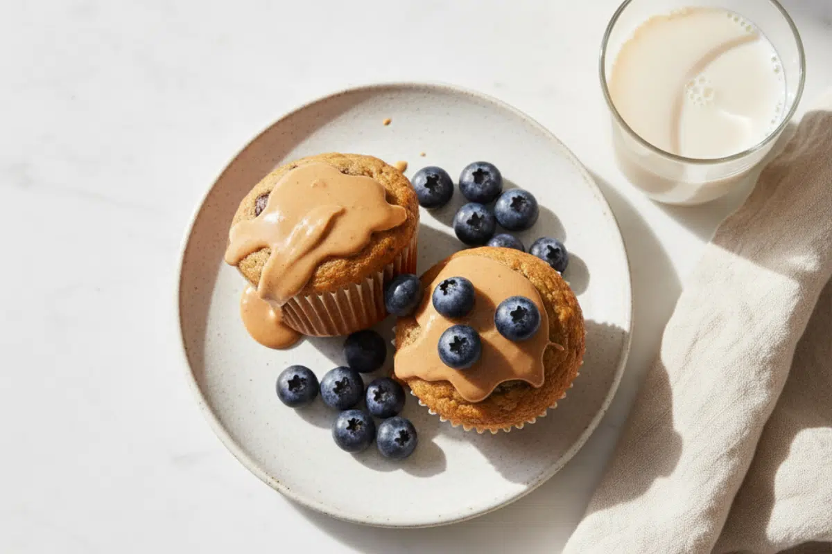 Two high protein breakfast muffins on a rustic white plate, topped with a drizzle of almond butter and fresh blueberries, served with a glass of milk.