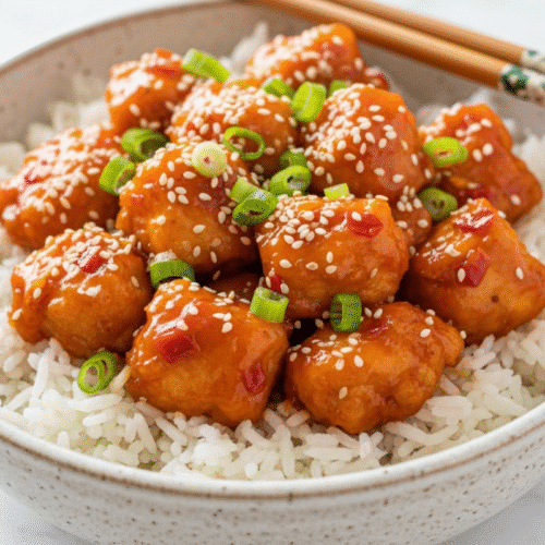 Easy Sweet Chili Chicken Recipe (Better Than Takeout) 1 A close-up of a finished sweet chili chicken recipe served in a rustic bowl over a bed of white rice, with chopsticks resting on the side.