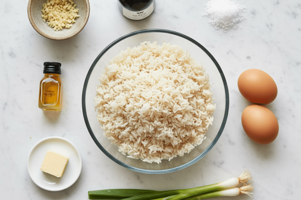 Simple Ingredients for Garlic Fried Rice Ingredients for the garlic fried rice recipe are laid out on a marble table, including rice, garlic, eggs, and soy sauce.