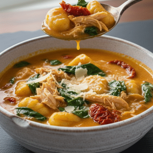 A close-up of a spoonful of creamy marry me chicken soup recipe, showing tender chicken, gnocchi, and a rich broth.