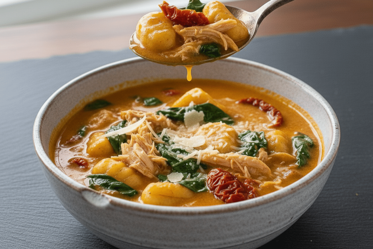 A close-up of a spoonful of creamy marry me chicken soup recipe, showing tender chicken, gnocchi, and a rich broth.