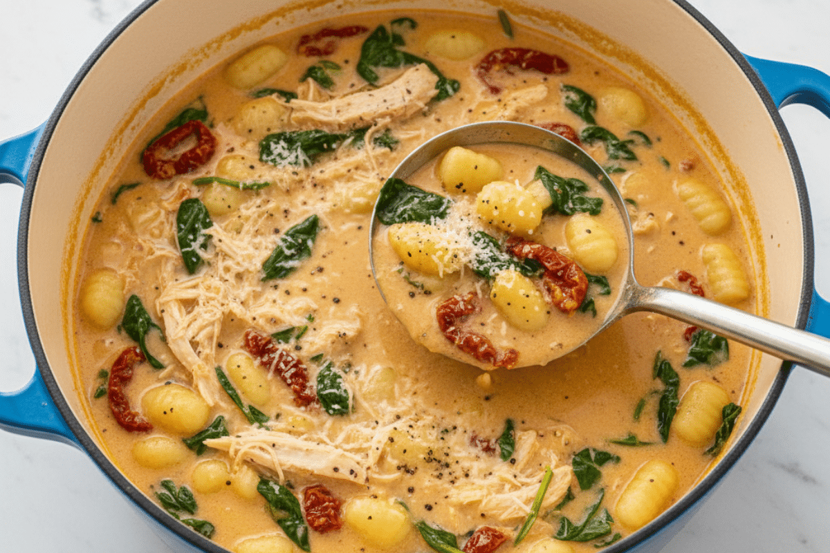 A large blue pot filled with the finished marry me chicken soup recipe, with a shiny ladle scooping up a serving.