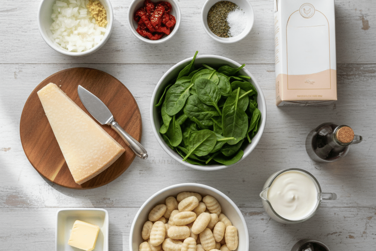 Ingredients for the marry me chicken soup recipe are arranged on a white wood table, including gnocchi, a Parmesan rind, and a blank carton of chicken broth.