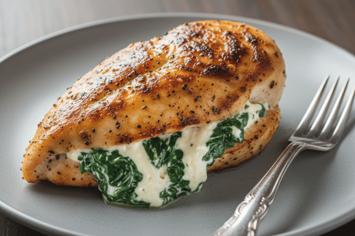 Creamy Stuffed Chicken Breast with Spinach and Cream Cheese 1 A plated stuffed chicken breast with spinach and cream cheese, showing a golden-brown sear and creamy filling oozing out.