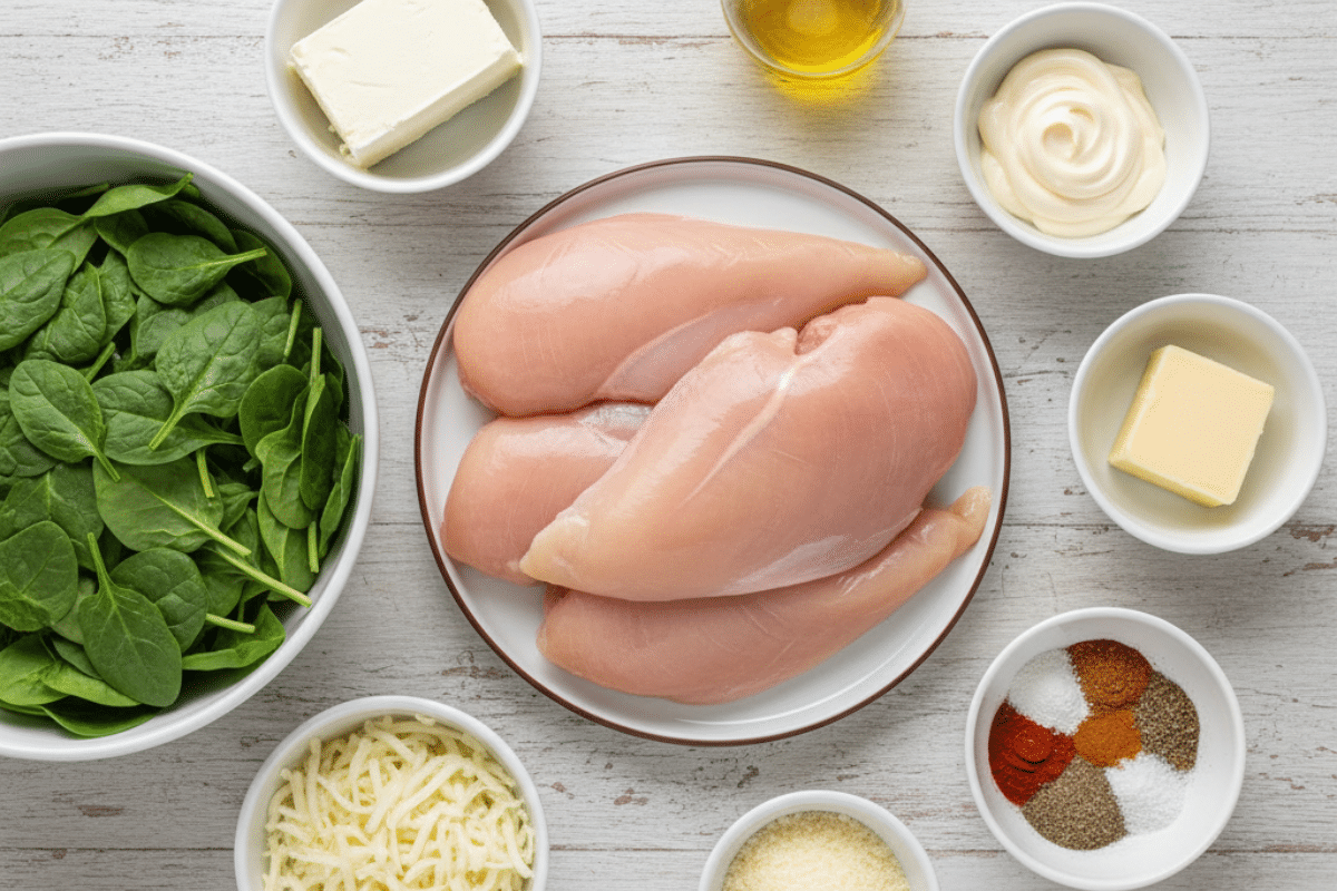 Ingredients for Stuffed Chicken Breast Ingredients for stuffed chicken breast with spinach and cream cheese are laid out on a white wood table, including raw chicken, fresh spinach, and cheeses.