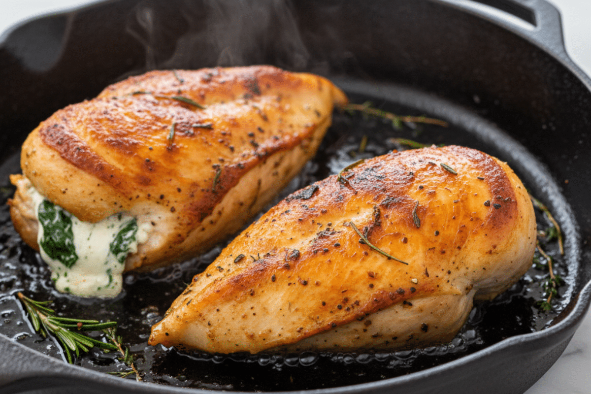 Searing Stuffed Chicken Breast in a Skillet Searing the stuffed chicken breast with spinach and cream cheese in a cast-iron skillet to create a golden crust.