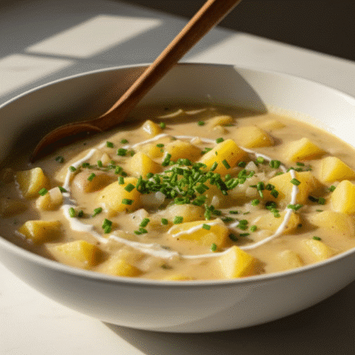 Cozy 5 Ingredient Potato Soup 1 A white bowl of creamy, chunky 5 ingredient potato soup topped with chives on a marble table.