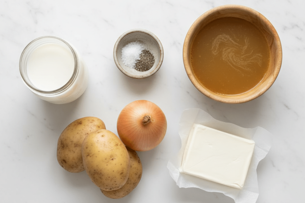 Ingredients for the 5 Ingredient Potato Soup Five core ingredients for 5 ingredient potato soup: Potatoes, onion, broth, milk, and cream cheese.