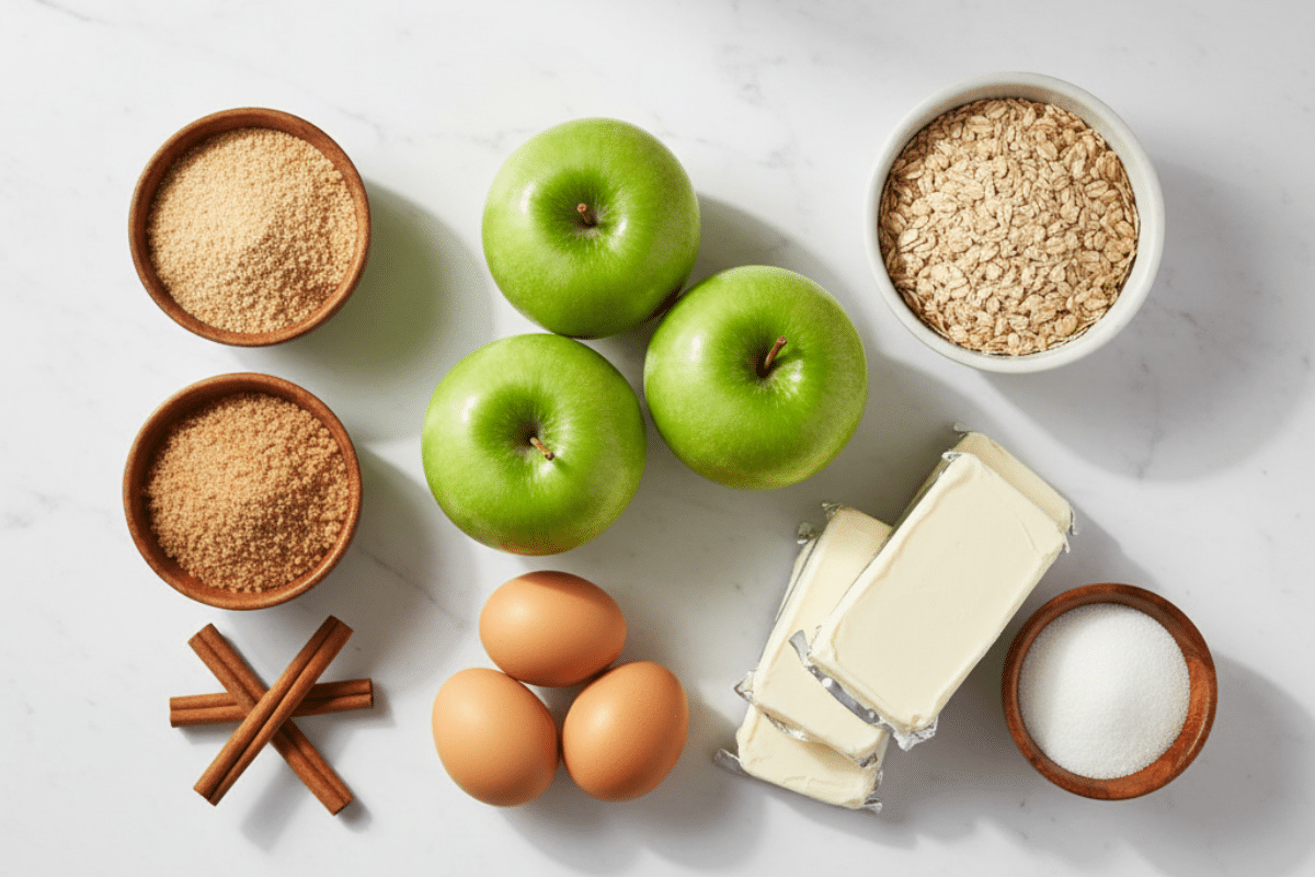 Ingredients laid out for a homemade apple crumble cheesecake recipe: green apples, oats, cream cheese, and spices.