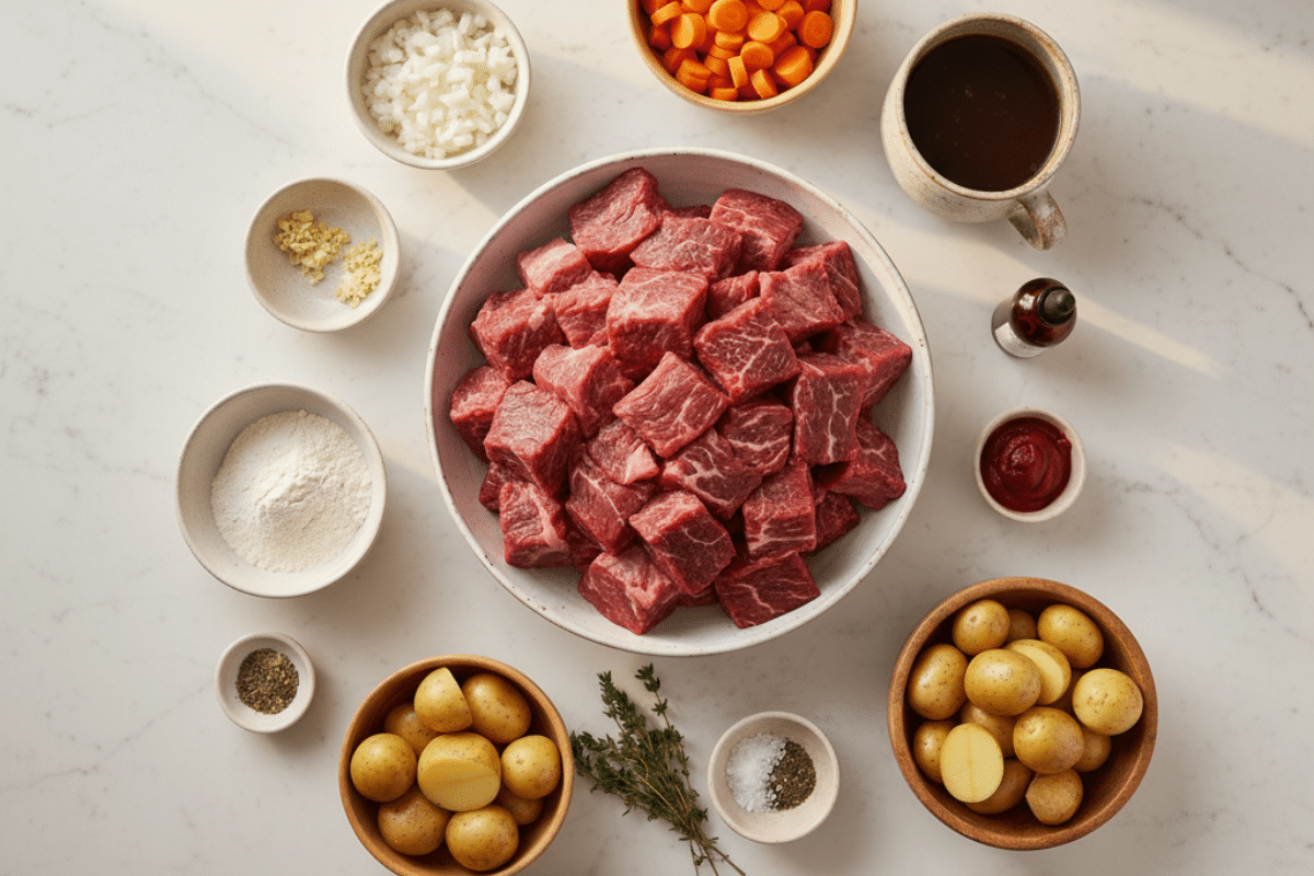 Simple Ingredients for Slow Cooker Beef Stew All ingredients laid out for an easy slow cooker beef stew recipe, including beef chuck, vegetables, and tomato paste.