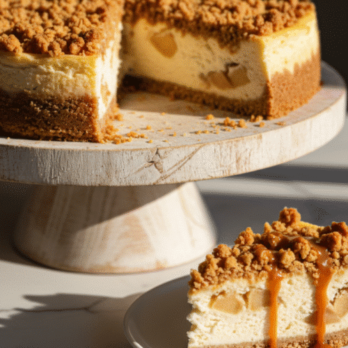 A whole apple crumble cheesecake recipe on a wooden stand with a slice drizzled in caramel sauce.