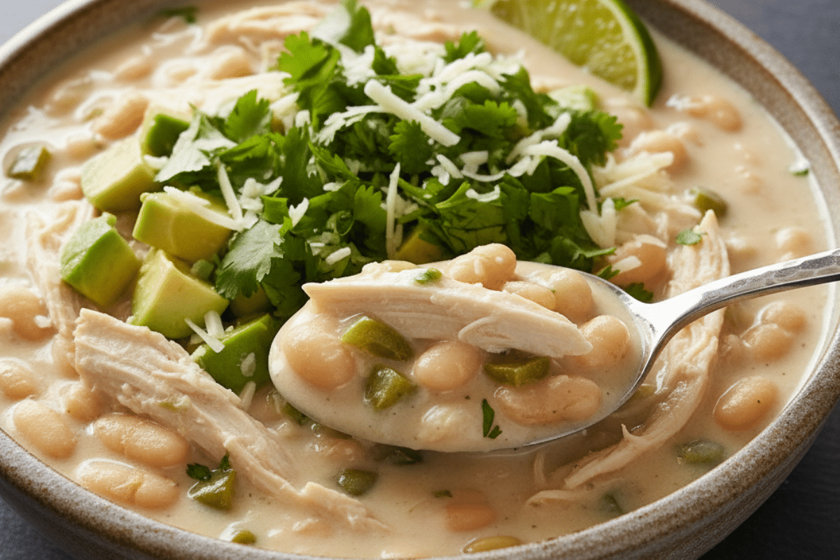 A close-up of a spoonful of the best white chicken chili recipe winner, loaded with tender chicken, white beans, and fresh toppings.