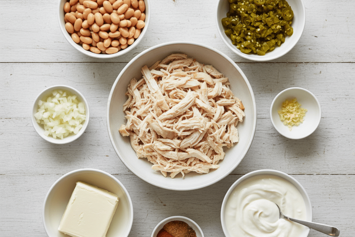 Ingredients for the best white chicken chili recipe winner are laid out on a white wood table, including shredded chicken, white beans, and Greek yogurt.