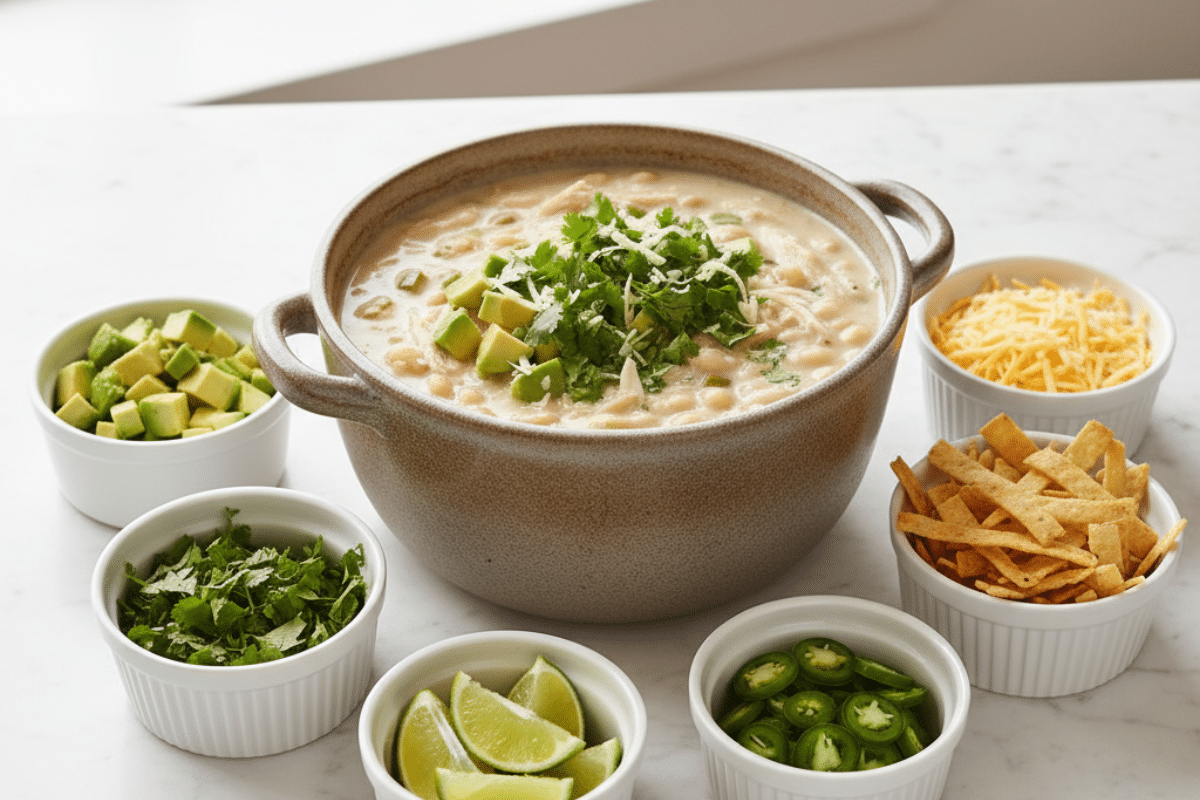 A large pot of the best white chicken chili recipe winner is served as a toppings bar with bowls of avocado, cheese, and cilantro.