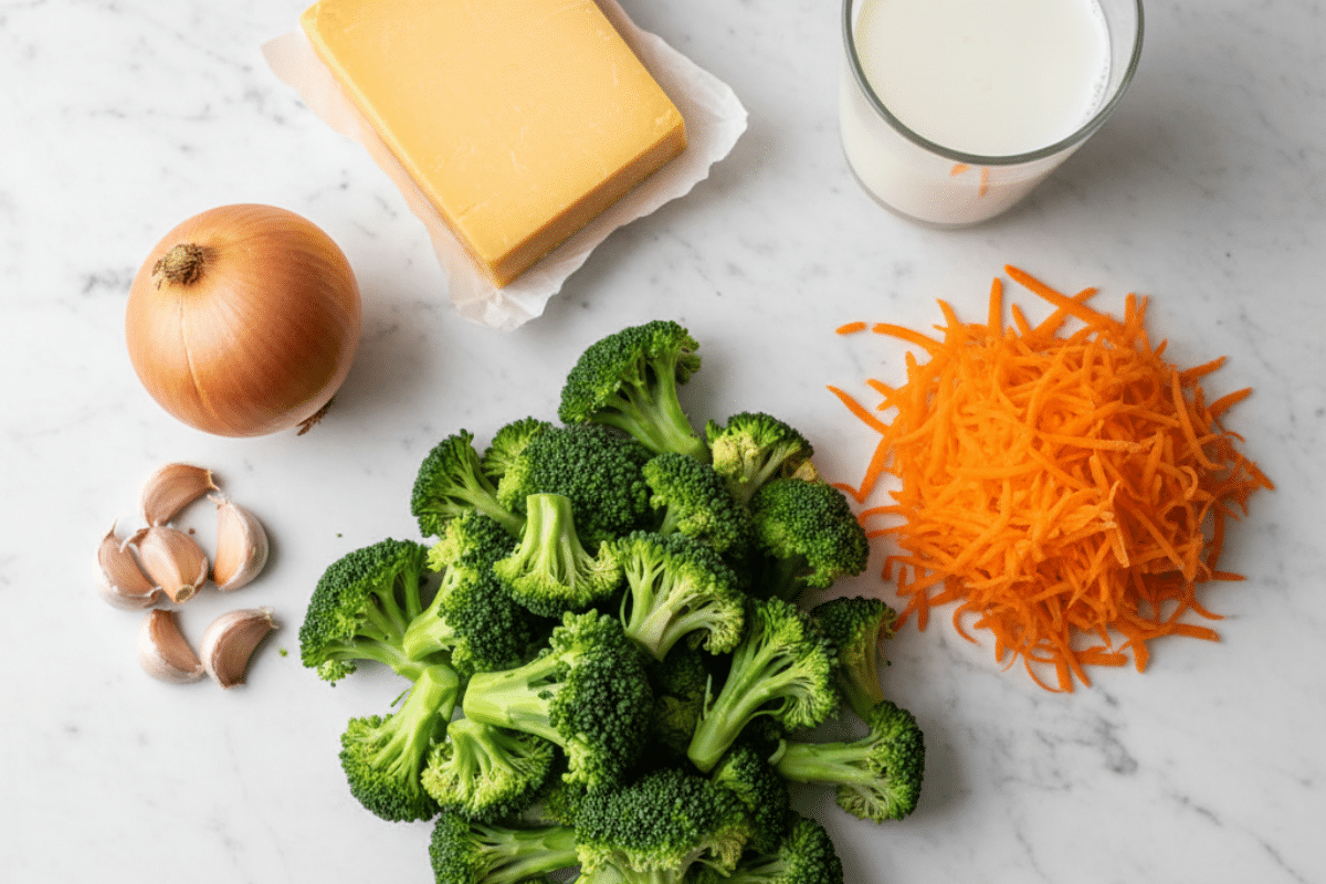 Clean Ingredients for Broccoli Cheddar Soup Fresh ingredients for a broccoli cheddar soup recipe: broccoli florets, carrots, onion, cheese block, and milk.