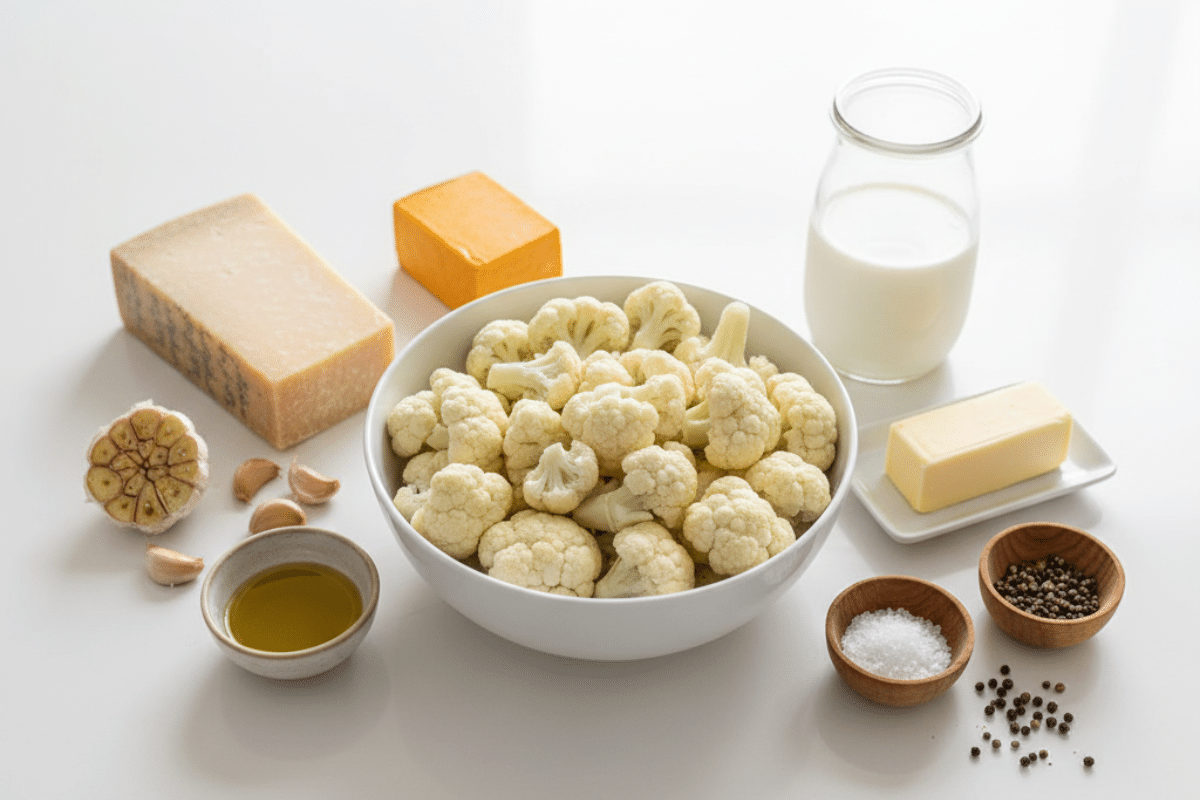 Ingredients for cheesy mashed cauliflower arranged on a white surface