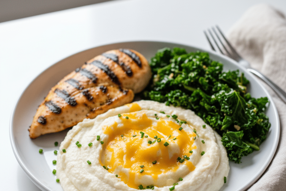Cheesy mashed cauliflower served with grilled chicken and sautéed greens