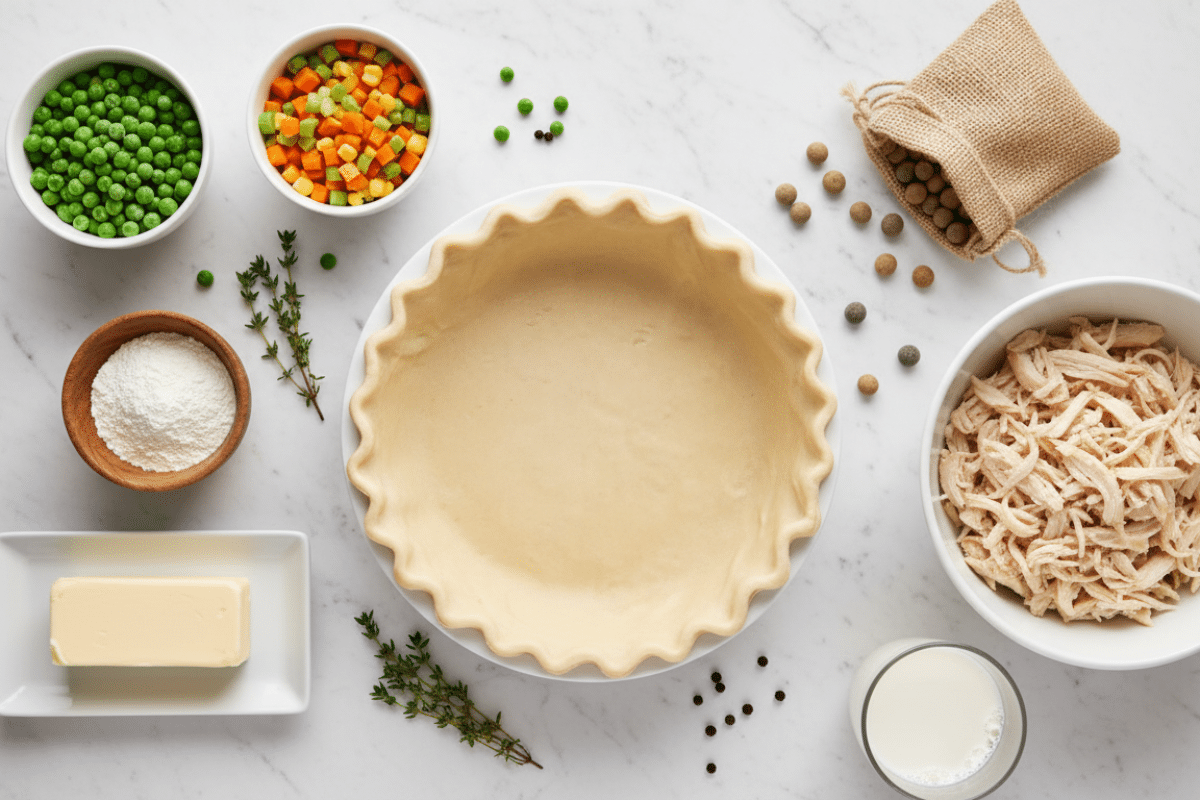 Simple Ingredients for Homemade Pot Pie Assembly Organized ingredients for a quick chicken pot pie recipe ready for assembly in a pie shell.