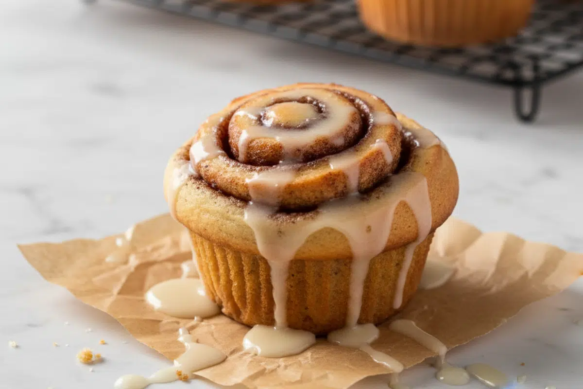 Glazed muffins cooling on a rack made from cinnamon roll muffin recipe