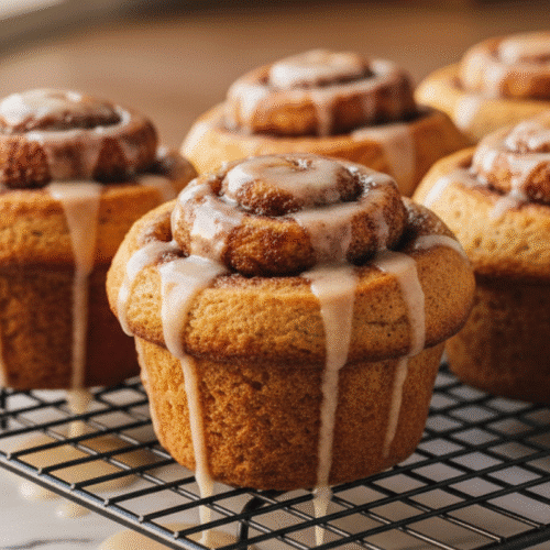 Freshly baked muffin with glaze on top from cinnamon roll muffin recipe
