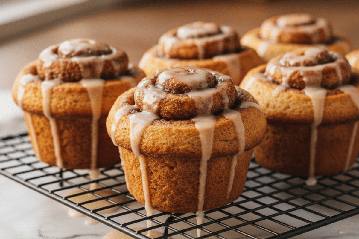 Freshly baked muffin with glaze on top from cinnamon roll muffin recipe
