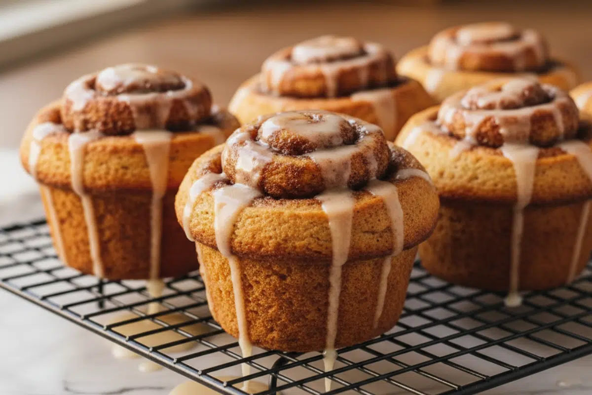 Freshly baked muffin with glaze on top from cinnamon roll muffin recipe
