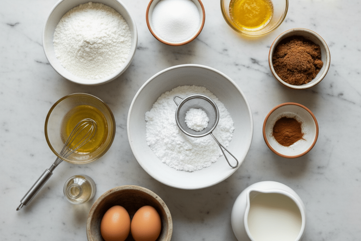 Flat lay of ingredients for cinnamon roll muffin recipe on marble table