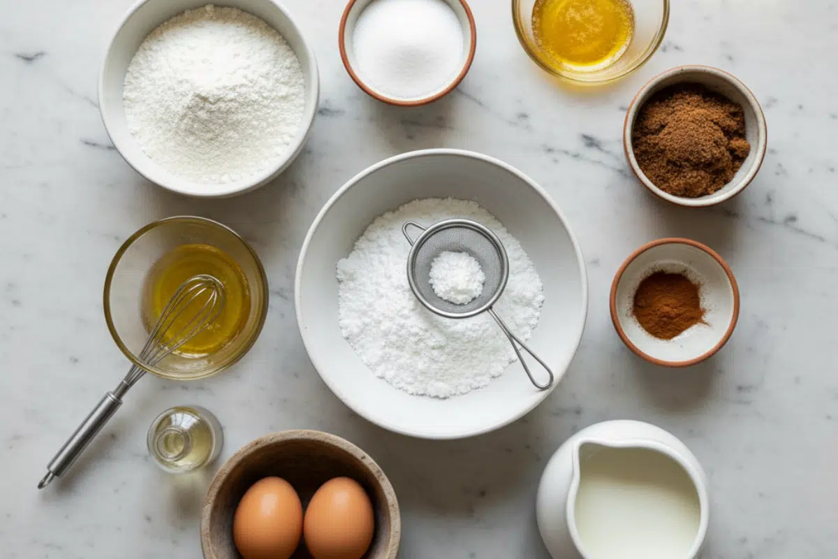 Flat lay of ingredients for cinnamon roll muffin recipe on marble table