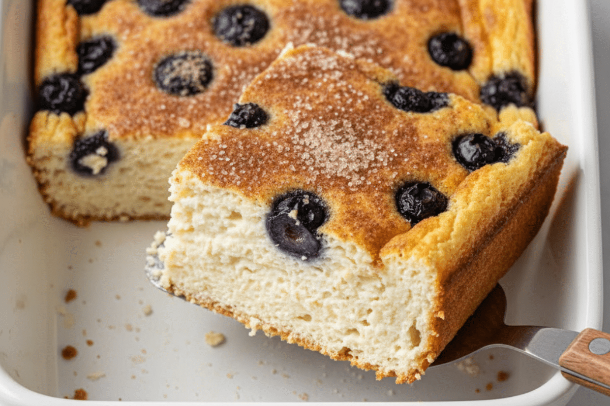 A fluffy slice of the blueberry cottage cheese breakfast bake being served from the pan.