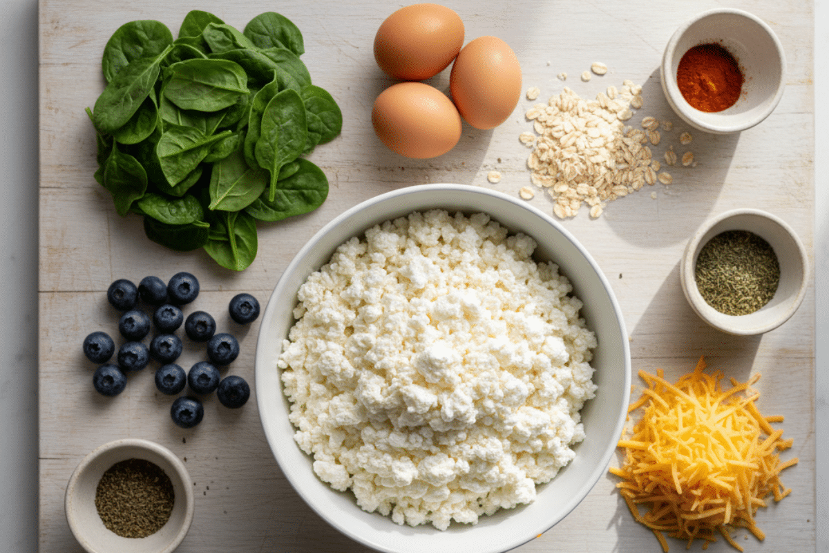 Ingredients for cottage cheese breakfast bake laid out, including cheese, oats, eggs, spinach, and fruit.