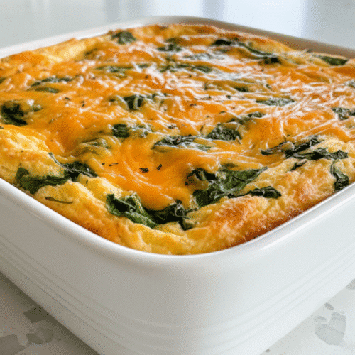 A whole pan of savory cheddar spinach cottage cheese breakfast bake, freshly roasted.