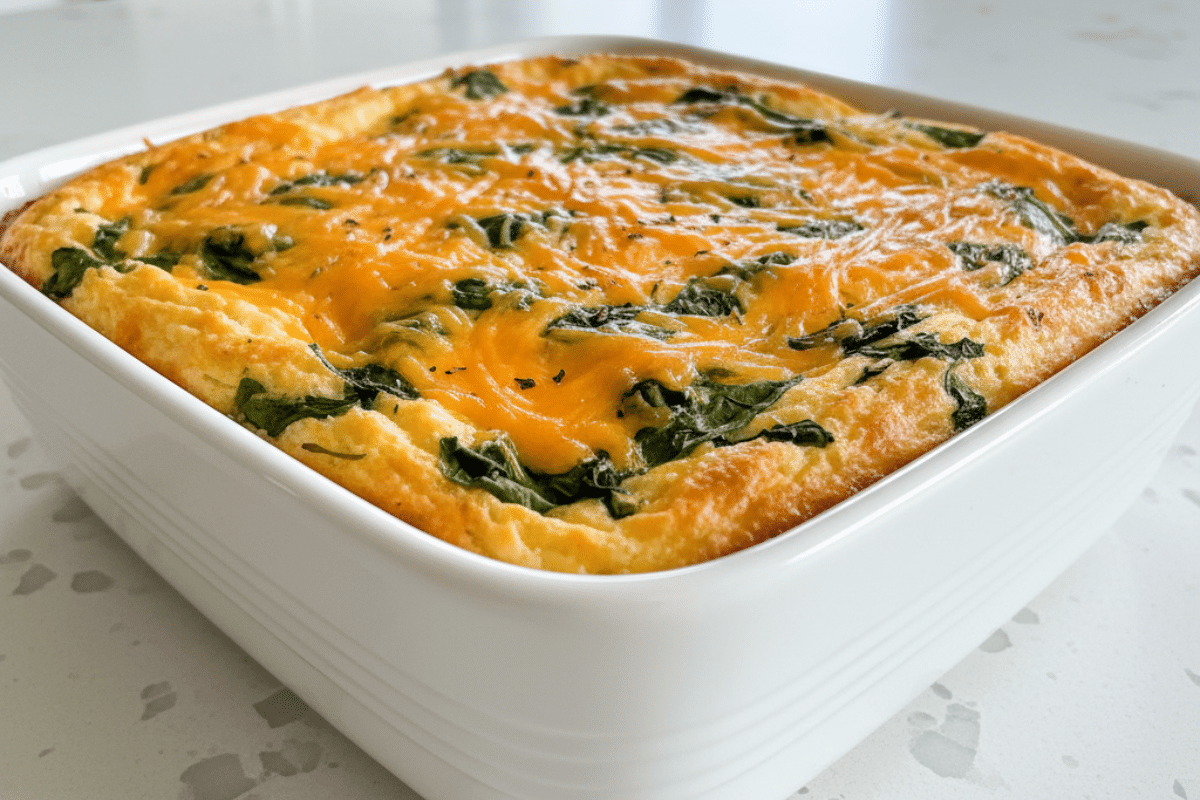 A whole pan of savory cheddar spinach cottage cheese breakfast bake, freshly roasted.