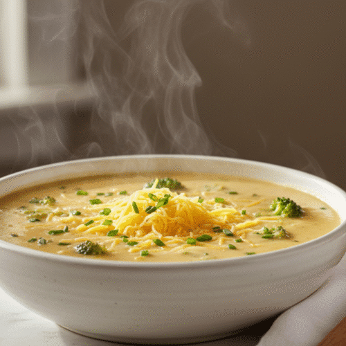 Cozy Broccoli Cheddar Soup Recipe 1 Steaming bowl of homemade broccoli cheddar soup recipe topped with shredded cheese and fresh chives.
