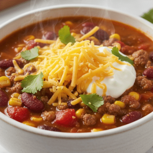 Easy Taco Soup Recipe Crock Pot 1 A steaming bowl of finished easy taco soup recipe crock pot style, topped with cheese and sour cream.