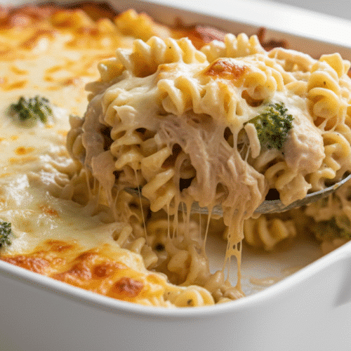 Easy Chicken Alfredo Casserole 1 Spoonful of creamy easy chicken Alfredo casserole lifting from a white baking dish with cheese and broccoli