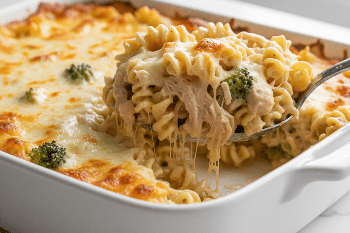 Spoonful of creamy easy chicken Alfredo casserole lifting from a white baking dish with cheese and broccoli
