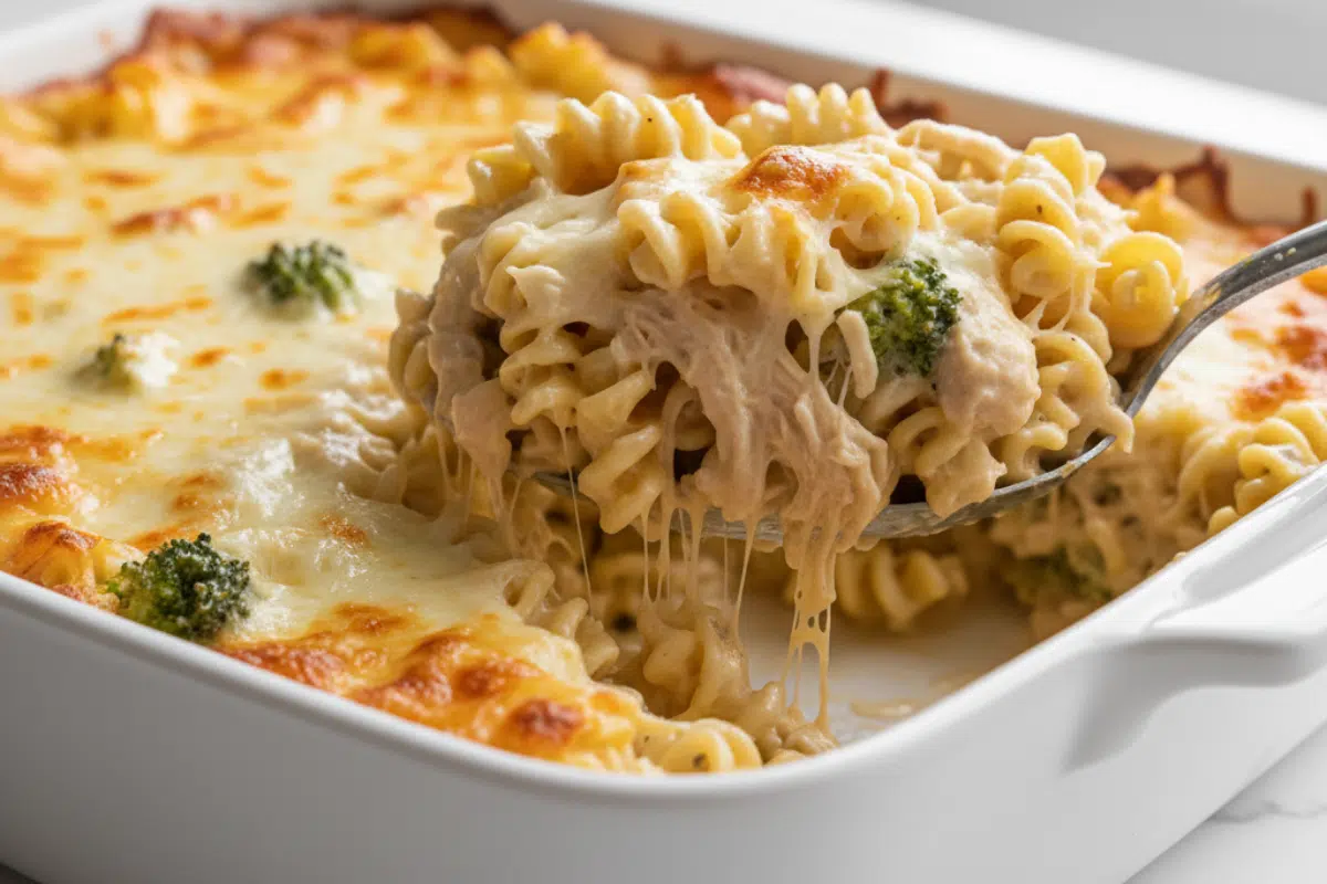 Creamy Easy Chicken Alfredo Casserole in Baking Dish Spoonful of creamy easy chicken Alfredo casserole lifting from a white baking dish with cheese and broccoli