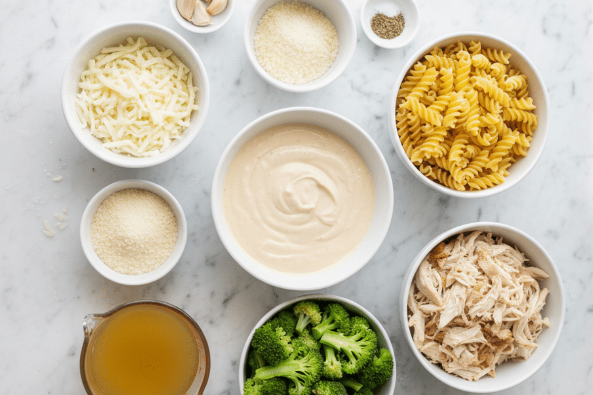 Easy Chicken Alfredo Casserole Ingredients Prep Ingredients for easy chicken Alfredo casserole including pasta, broccoli, shredded chicken, Alfredo sauce, cheeses, garlic, and broth in bowls