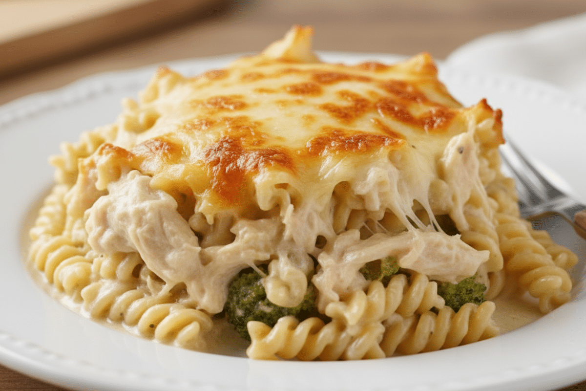 Creamy Plated Serving of Easy Chicken Alfredo Casserole Creamy serving of easy chicken Alfredo casserole on a white plate with rotini, chicken, and broccoli